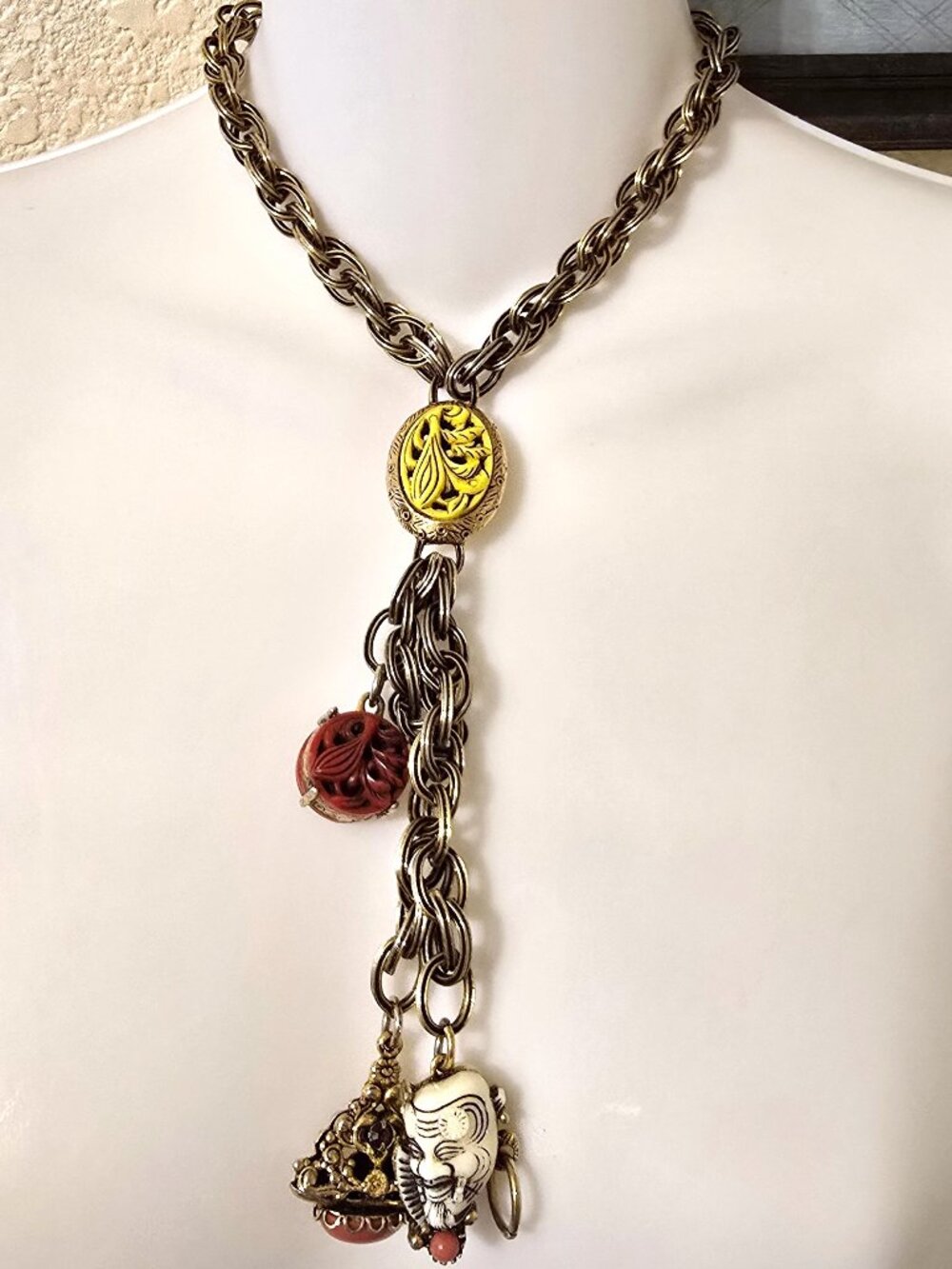 Vintage Selro Selini Asian Noh Devil Face fobs charms Necklace